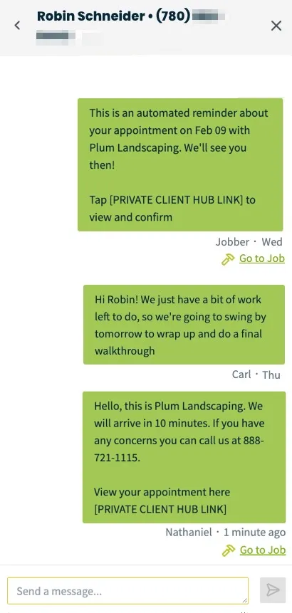 back and forth with a client where there are text messages sent from various Jobber users and their names are displayed