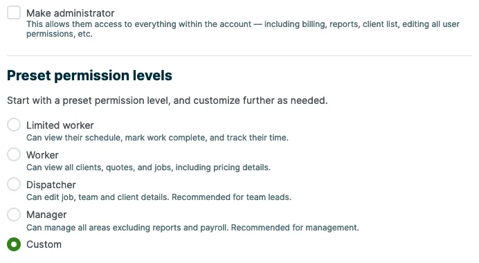 preset permission levels and an option for custom