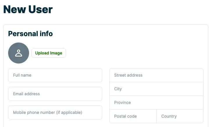 personal info section of the new user page