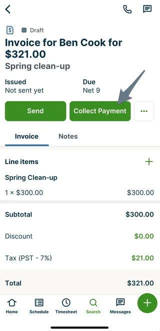 A screenshot highlighting the Collect Payment button in the Jobber app.