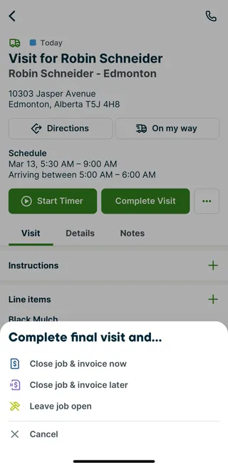 A screenshot showing the "complete visit" menu options in the Jobber app.