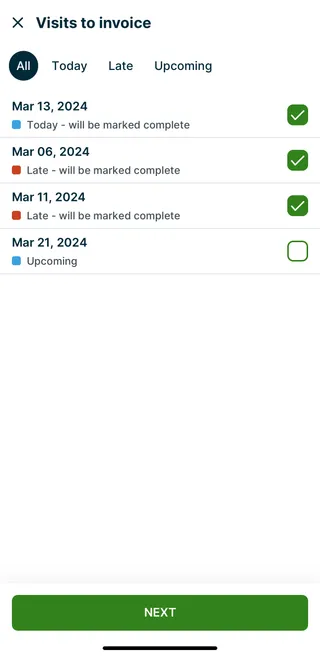 A screenshot showing the "Visits to invoice" screen in the Jobber app. 