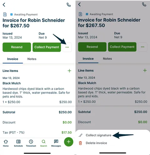 Side-by-side screenshots showing how to collect a signature on an invoice in the Jobber app.