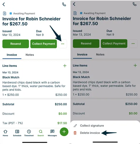 Side-by-side screenshots showing how to delete an invoice in the Jobber app. 