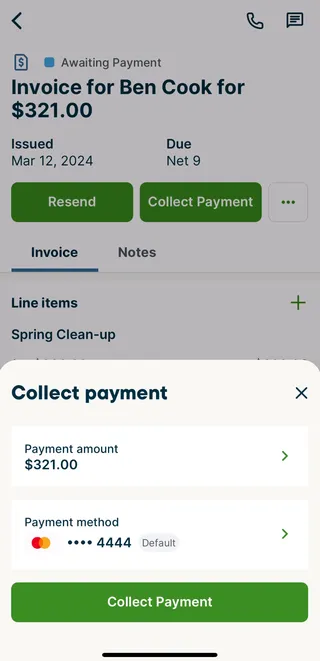 A screenshot showing the "collect payment" pop up in the app.