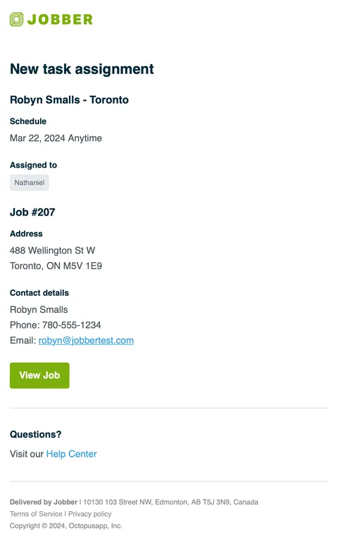 New task assignment email. The email inlcudes the client name and visit title, scheduled date, assigned team members, job number, address, and the client's contact information