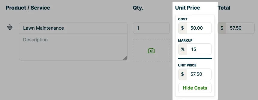 Unit price, cost, markup percentage, and price highlighted on the quote.