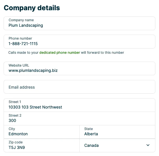 The company details section of company settings