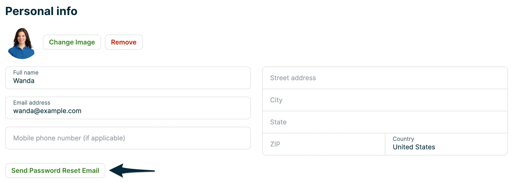 Manage team settings for a user showing their personal info and a button to send password reset email