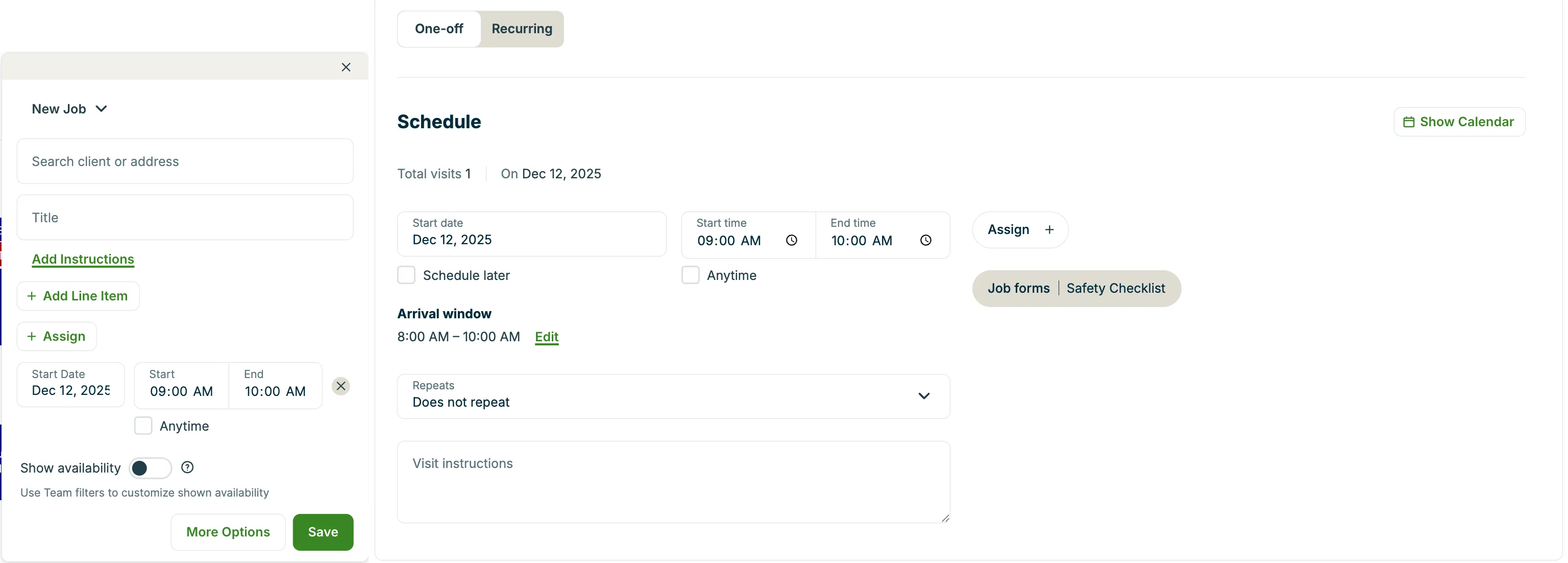 Side-by-side screenshots showing a scheduled visit in the calendar and job screen jobs creation views.